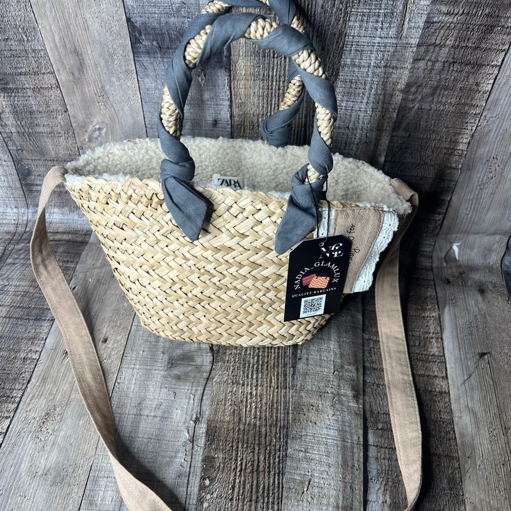 Zara Beige and Gray Woven Tote Bag